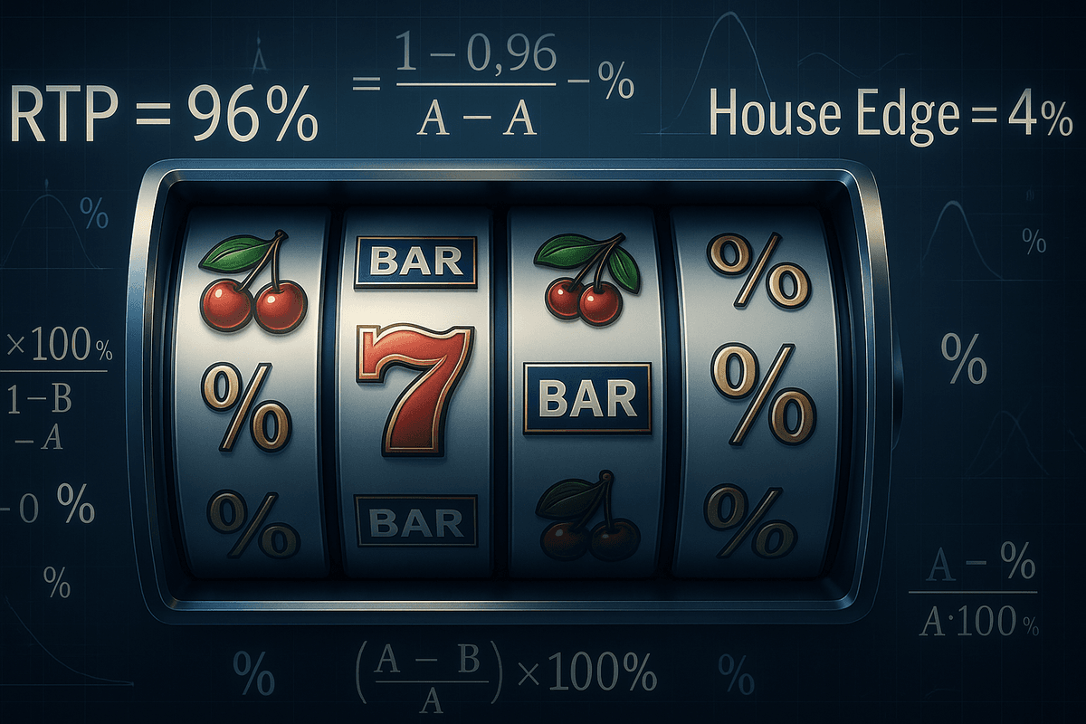 Modern slot machine reels with classic symbols (cherries, bars, sevens) overlaid with mathematical formulas, showing “RTP = 96%” and “House Edge = 4%,” set against a deep blue background with probability charts and golden percentage signs.