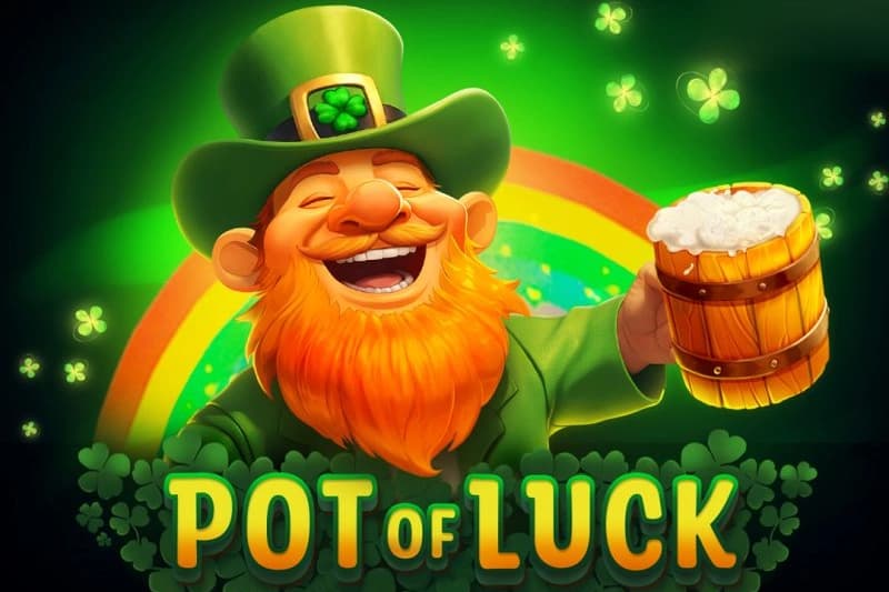 A cheerful leprechaun holding a frothy beer mug with a rainbow behind him, above the Pot of Luck title.