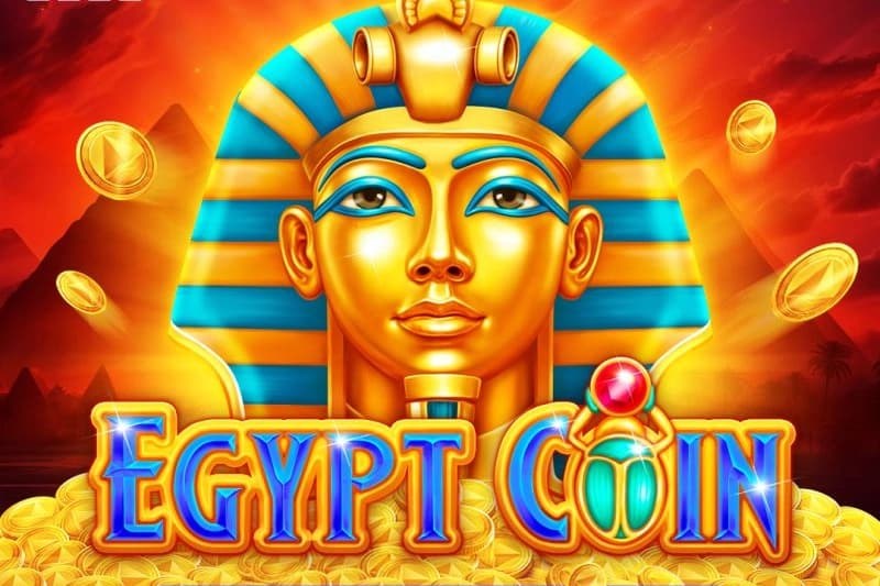 Golden pharaoh mask with glowing pyramids and falling coins in a bright Egyptian desert background