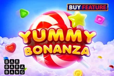 Colorful candy-themed Yummy Bonanza title with a large red-and-white lollipop and bright gummy shapes in a blue sky setting.