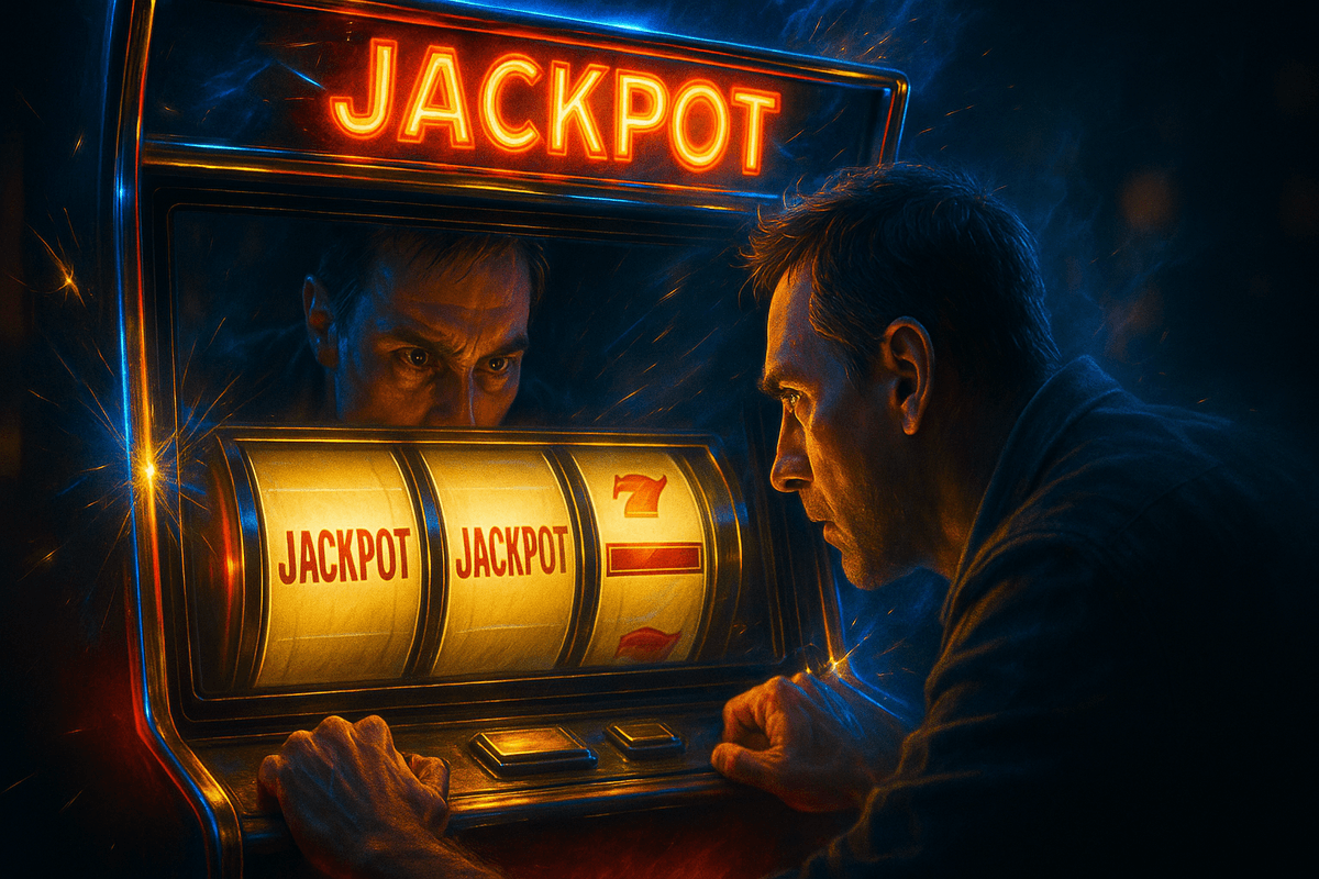 A man leans toward a slot machine labeled “JACKPOT”; the reels show JACKPOT, JACKPOT, and a red 7 slightly high.