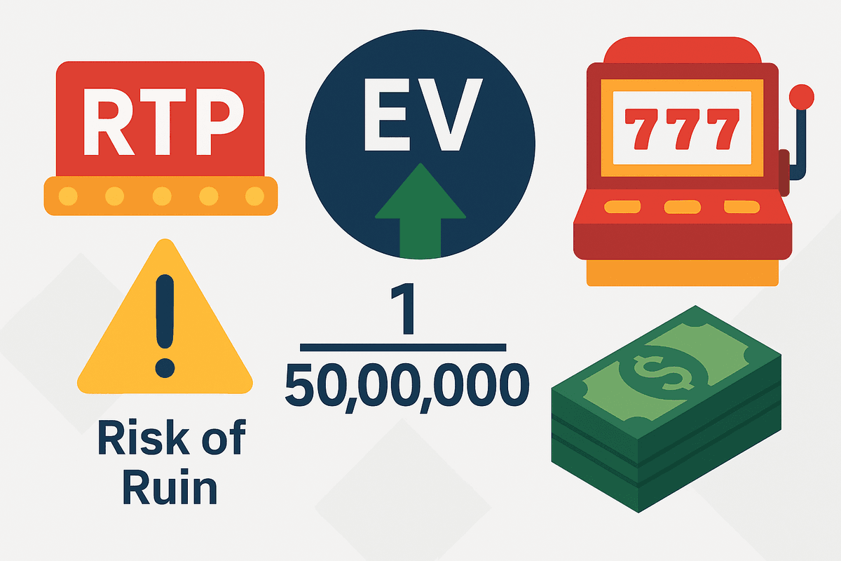 Illustration showing casino-related symbols for progressive jackpots: RTP meter, EV arrow, slot machine, risk of ruin warning, jackpot odds, and money stack.