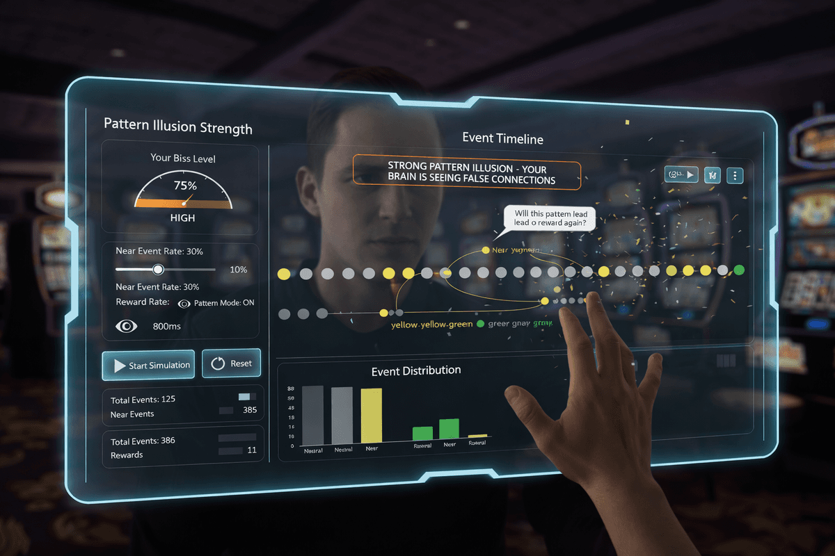 Experience the reward delay loop firsthand: Watch your brain create patterns from random events in our interactive simulator