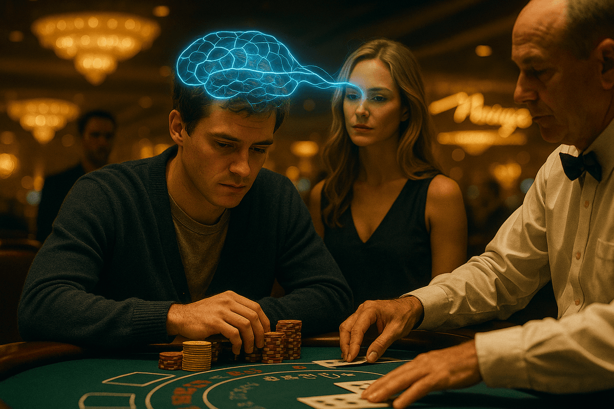 A man and woman share a silent mental connection at a blackjack table under golden casino lights, symbolizing secret coordination and intellect.